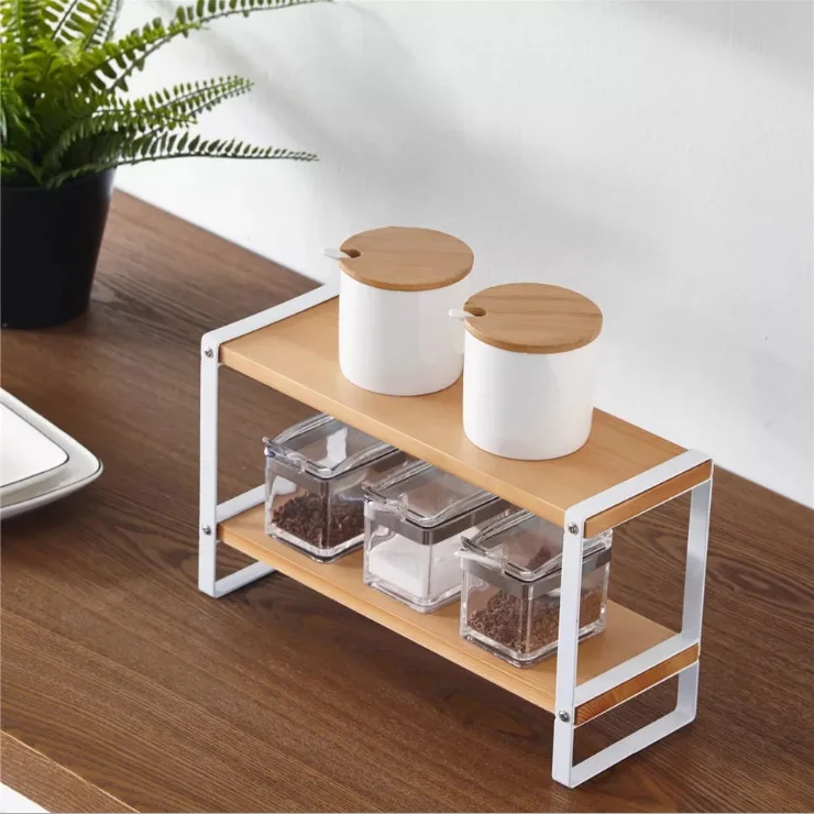 

Modern 2 tiers Metal and Wood seasoning spice organizer kitchen rack