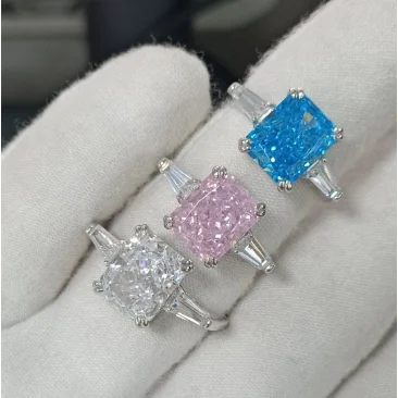 In Stock Ice Cut Custom 925 Sterling Silver Jewelry Cz Cubic Zirconia Ring Square Pink Blue Sapphire Rings Jewelry Women