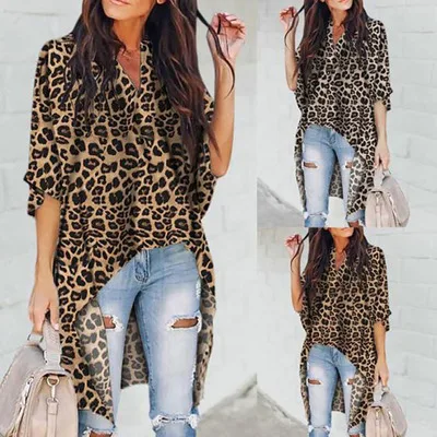 

Women V-Collar Irregular Leopard Print Blouses Leopard Print Blouse Ladies V-Neck Irregular Short Sleeve Medium Length blouse