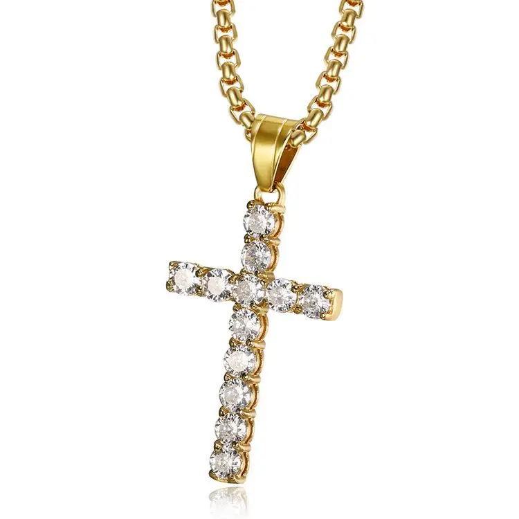 

European Hot Selling Hips Hops Gold Plated Jewelry Stainless Steel Cross Necklace Bling Micro Pave CZ Iced Out Cross Necklace