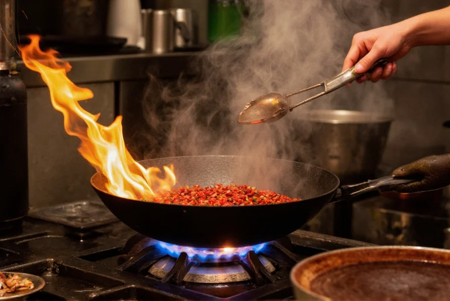 Traditional Chinese chef preparing chili oil with dried chilies in wok over gas flame