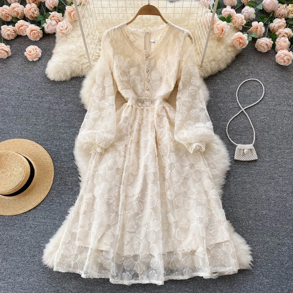 

Women'S Knee-Length Long-Sleeved A-Line Dress Elegant Temperament V-Neck Lace Dresses