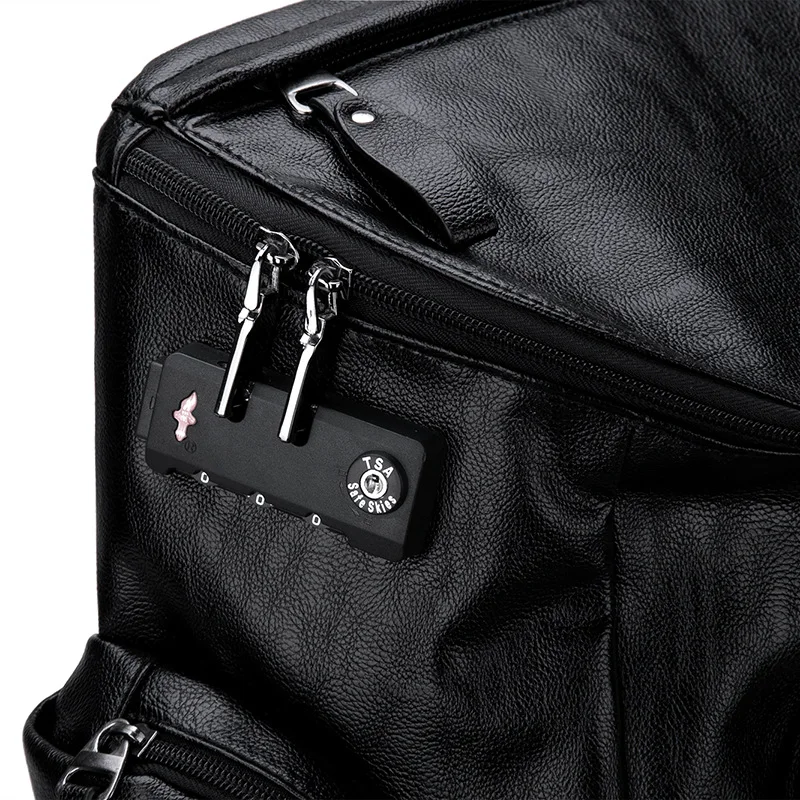 Outdoor High Capacity PU Leather Coded Lock Bags Men Climbing Backpack with USB Charging Port