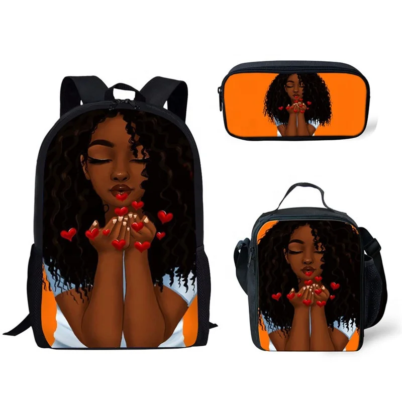 

Custom Pattern Print OEM Black African Girl Children Backpack School Bag Set