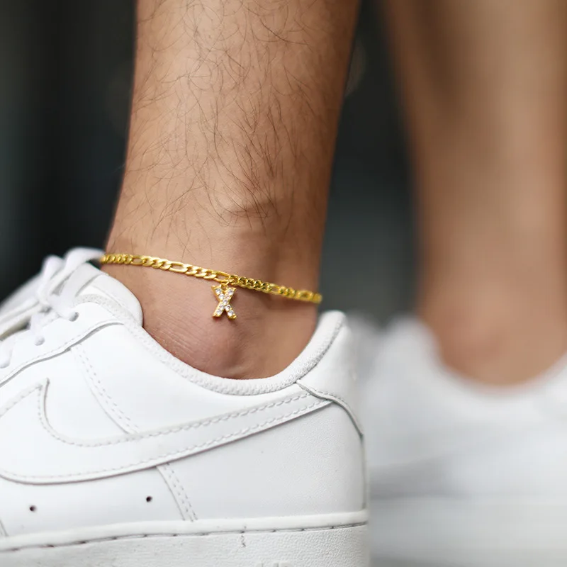 

Xunbei latest style 18k gold plated fashion zircon English initial letter anklets for men women