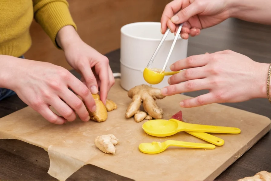Ginger Rubio demonstrating proper ginger preparation techniques with fresh ginger root and measuring tools