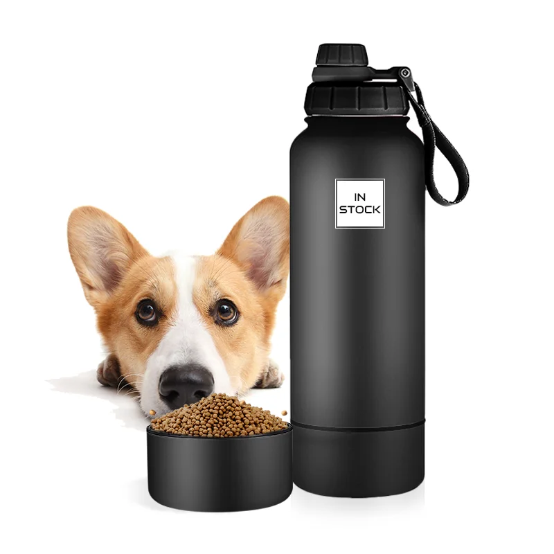 

Useful 32 oz 2 in 1 Outdoor Portable Travel Dog Drinking Stainless Steel Water Bottle with Pet Bowl