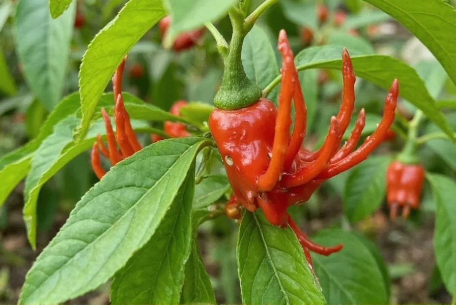 Scorpion chili pepper plant showing mature red peppers growing on the bush with characteristic stinger-like tails