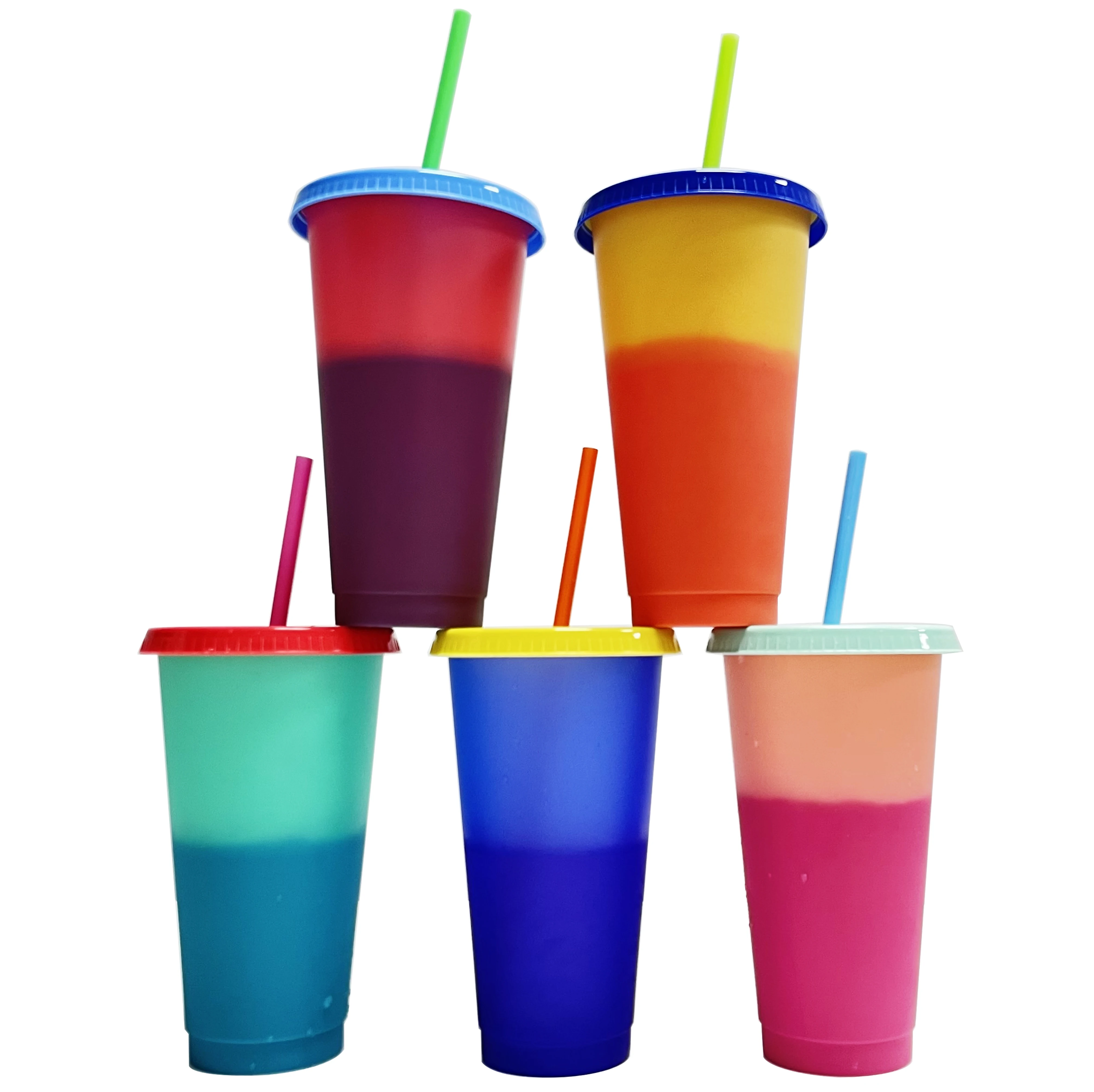 

24oz 700ml whosale resuable tumblers cold plastic colour changing cups with lids and straws, Pastel/ translucent