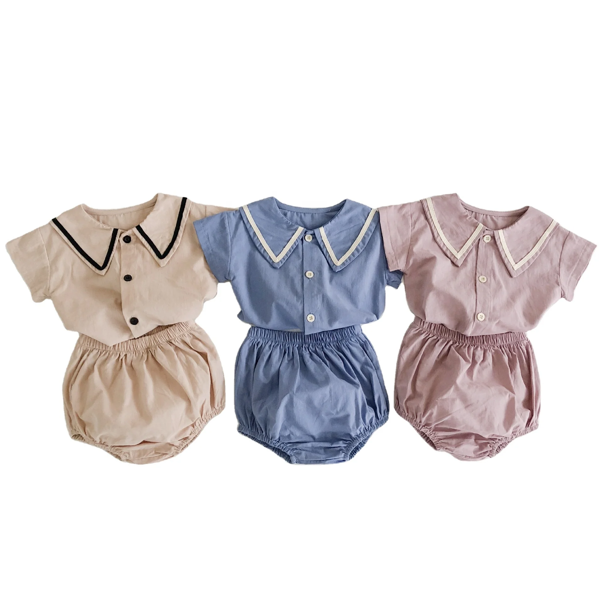 

2020 Summer suit kids baby college style short sleeve open button top + bread pants baby girl 2-piece suit