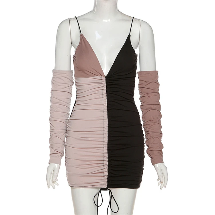 

D96951 2021 women spring clothes new sexy dress women low-cut fashion collision color design slim bodycon dress