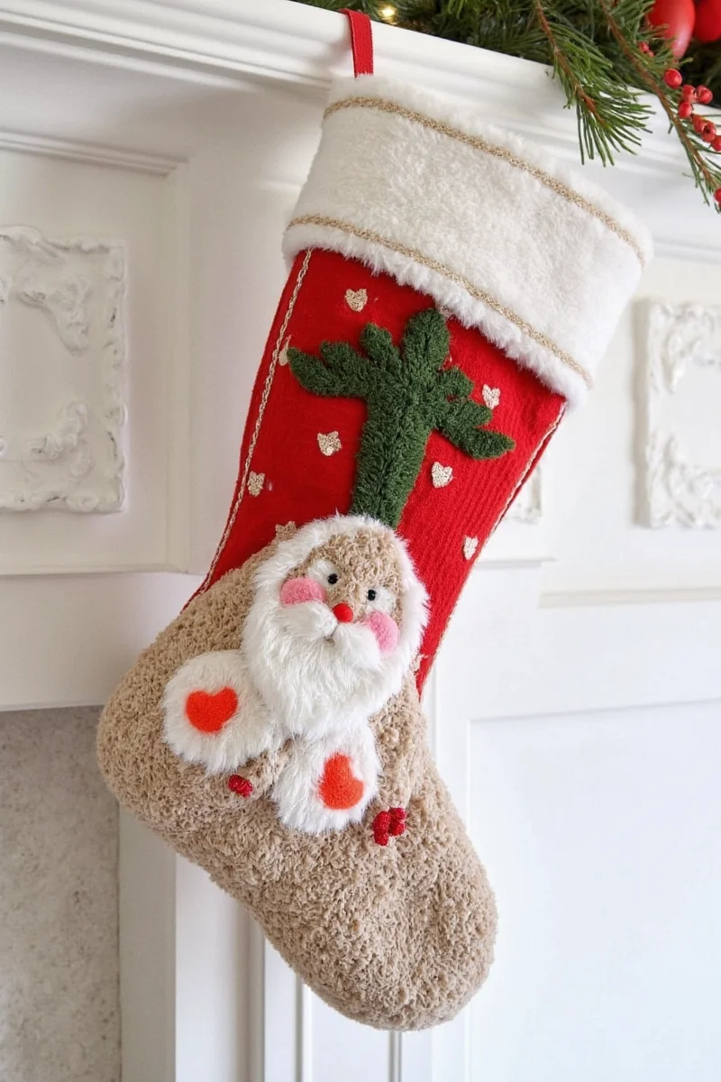 Wall-mounted baskets with Christmas stockings inside