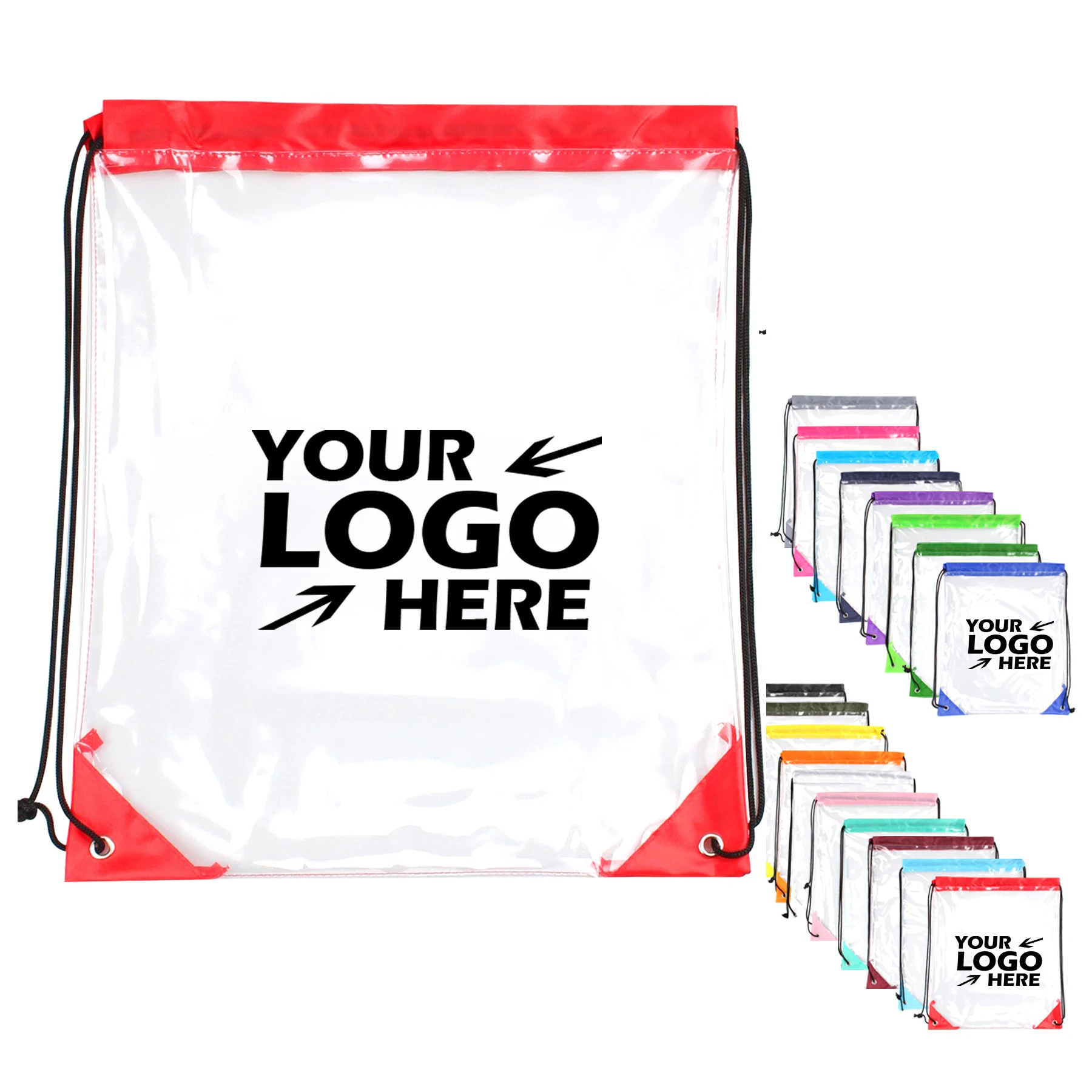 

Clear Drawstring Stadium Backpack Crossbody Shoulder Pvc Vinyl Transparent Bag with Front Zipper Mesh Pocket, Any custom color available