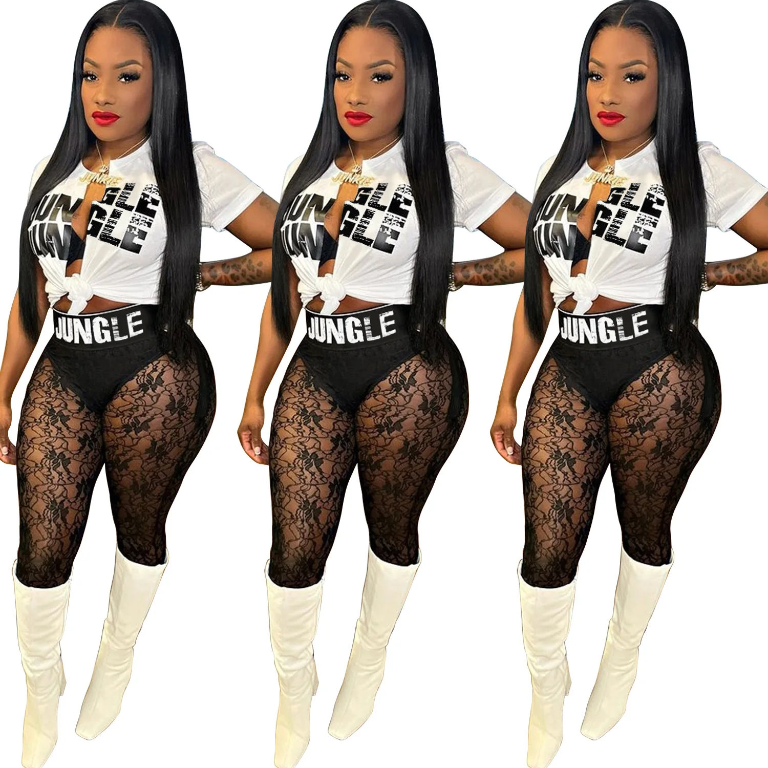 

2022 fashion New Split letter printed T-shirt lace perspective pants two piece set, 5 colors