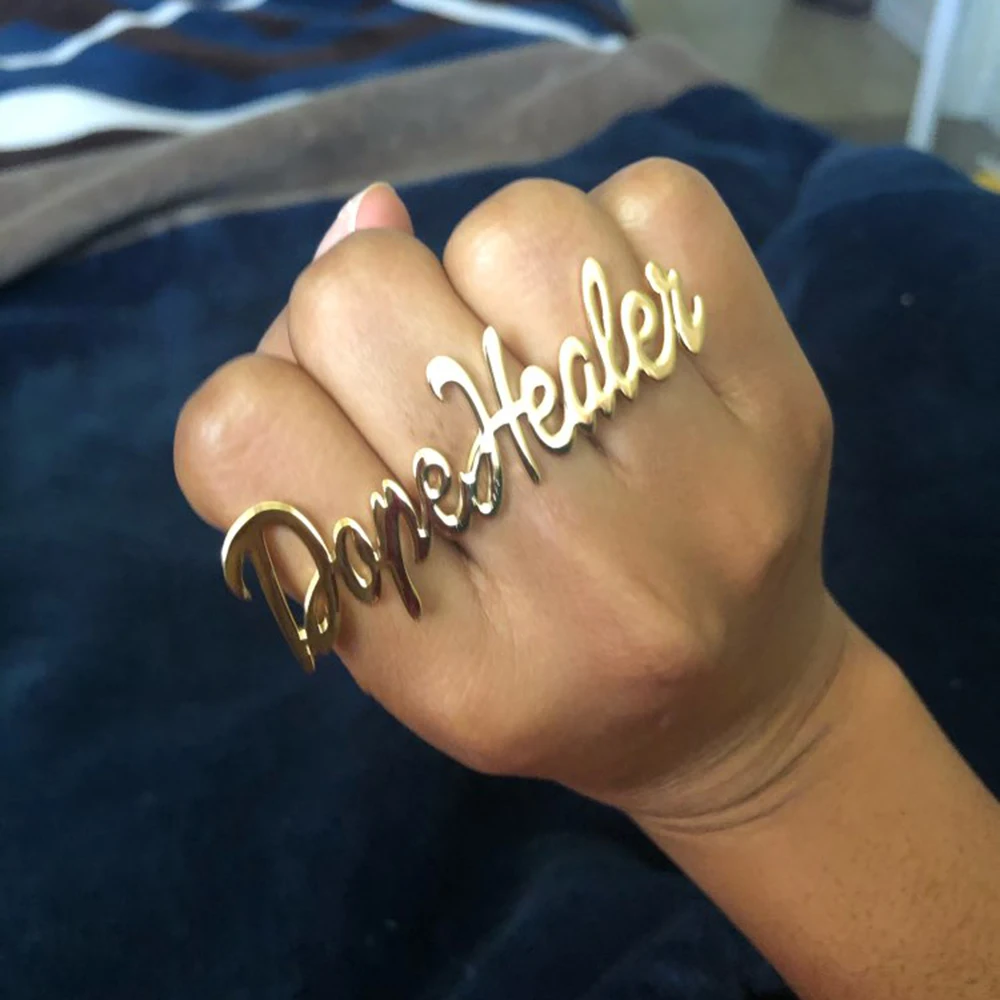 

Custom Knuckles Name Ring Large Nameplate Personalized Three Finger Rings Cool, Silver /gold/pink