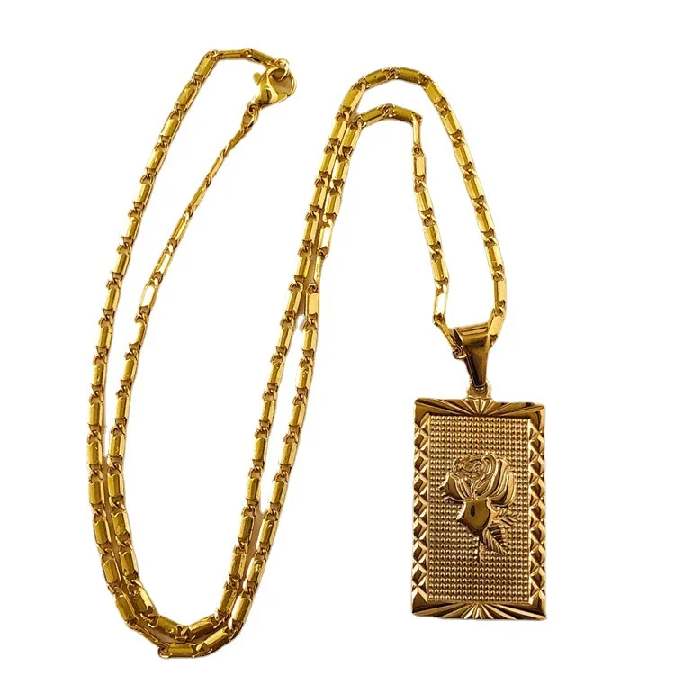 

Fashion Necklace 2021 Trendy Gold Plated Rose Necklace Hip-Hop Punk Geometric Square Pendant Stainless Steel Necklace