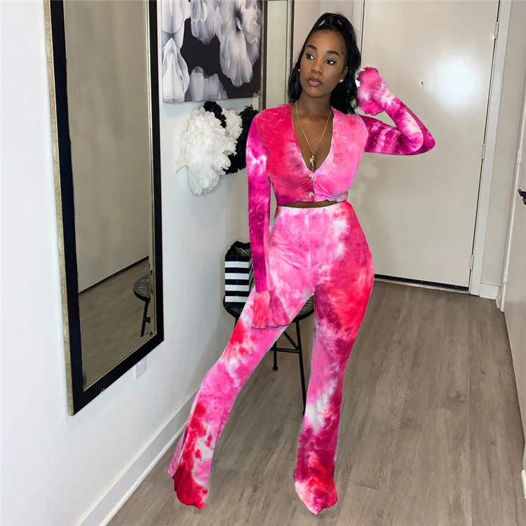 Best Seller Fall 2021 Fashion Sexy Tie Dye  Hollow Out Top And Pants Women Clothes Womens Two Piece Set