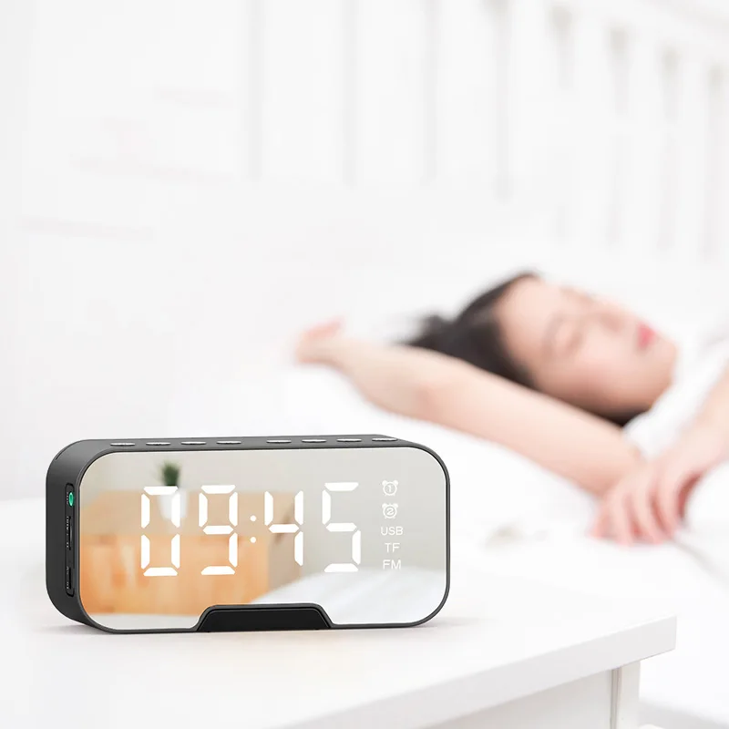 

EMAF bedroom built-in rechargeable battery mirror effect clock BT speaker clock FM radio digital led table alarm clock