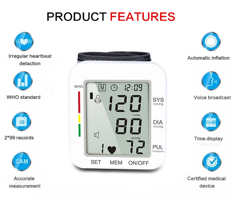 Household Automatic Digital Wrist Blood Pressure Monitor Gauge Meter