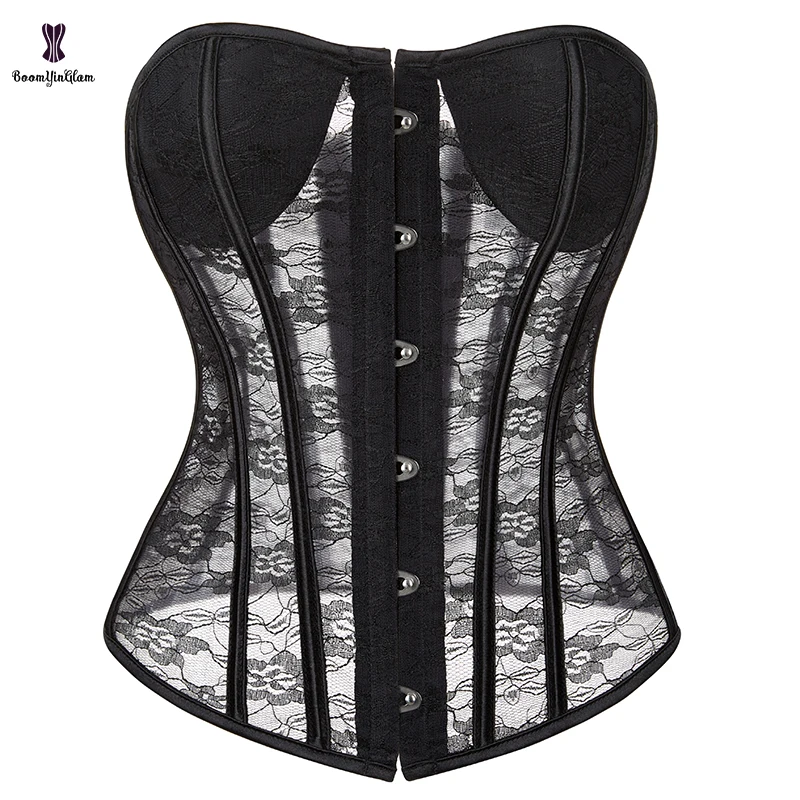 Black Women's Thin Corset Top Sexy Translucent Lingerie Padded Cup Bustier Floral Lace Mesh G String 3D Embroidery Breathable