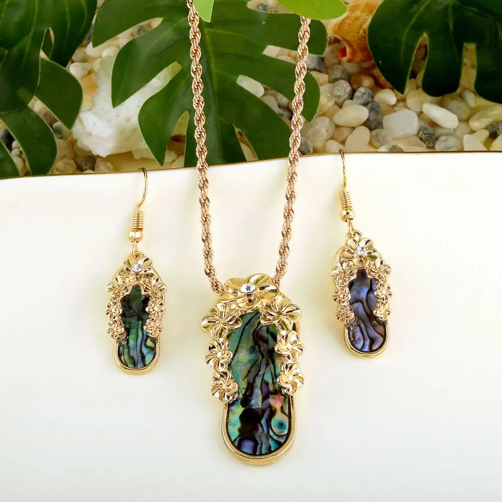 

Hawaiian Personalized Abalone Shell Shoes Earring Fashion Gold Plating Rope Chain Necklace and Earrings Set For Women Gift