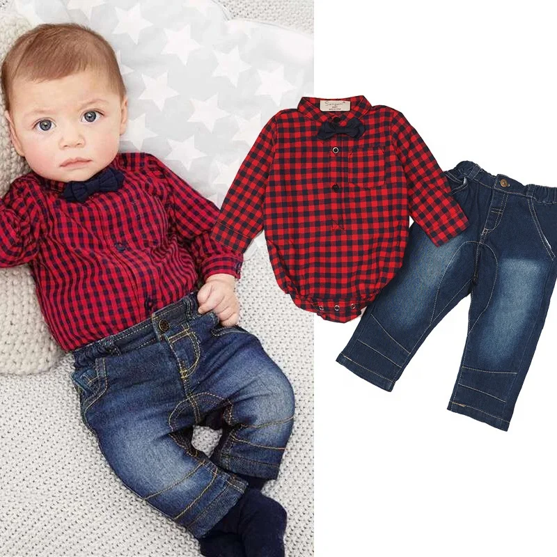 

2021 Spring Autumn Infant Clothing Boys Suit Children Clothes Gentleman Bow Tie Plaid Rompers Denim Pants Jeans 2PCS Baby Set