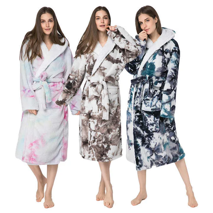 

sleep wear pajama new high quality women clothing poly tie dye coral fleece flannel bath robe for women nightgown