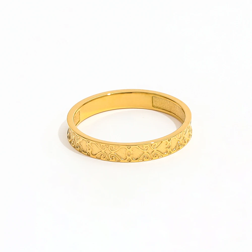 Joolim Jewelry Wholesale 18K Gold Plated Vintage Flower Pattern Stainless Steel Band Ring for Women Statement Gold Ring