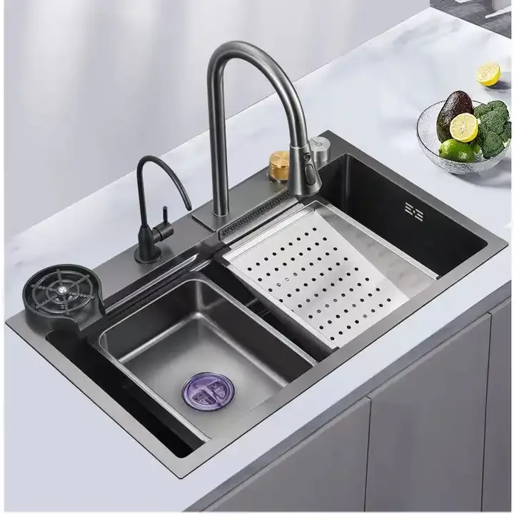 

New Trend 304 SS Multifunctional One Piece Automatic Cup Washer Two Waterfall Faucet Kitchen Sinks