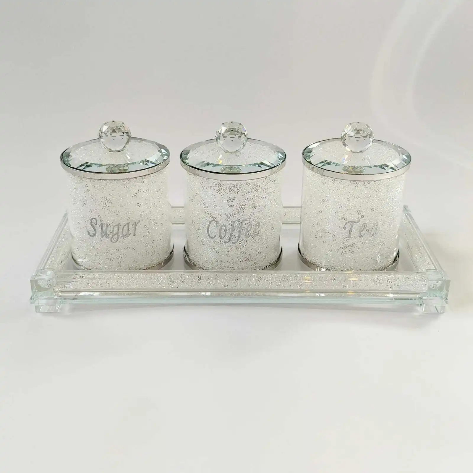 

Glass diamond filled tray, coffee tea sugar canister jar storage tray