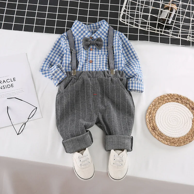 

2021 Spring and Autumn New Style Children Clothes Set Children Long Sleeve Plaid Bows Shirt With Pants 2 Pcs Baby Boy Suits, Light blue/brown/light green