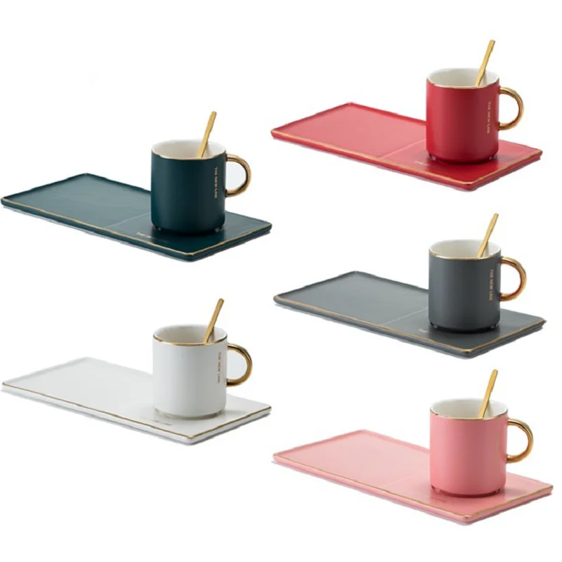 

Creative rectangular coffee cup and saucer set with matte ceramic cup with English design and gold spoon logo can be customized
