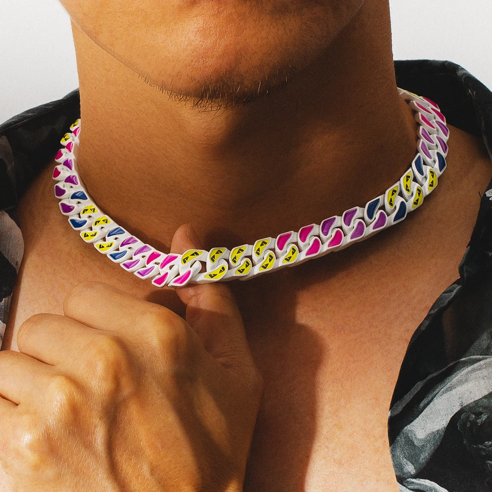 

KRKC Amazon Fashion Lgbt Jewelry Gay Pride Rainbow Flag Thick Necklace Latest Unique Vintage OEM Trending 12mm Cuban Curb Chain