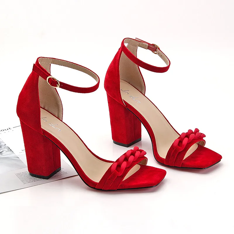 

2022 summer new ladies red bottoms square high heel fashion block heels sandals for women sexy heeled sandals shoes