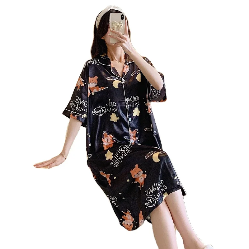 

Trendy Women Silk Nightgown Pajamas Shorts Loungewear Soft Nightshirt Sleepwear Lovely Printed Sleepwear Night Dress, Picture shows