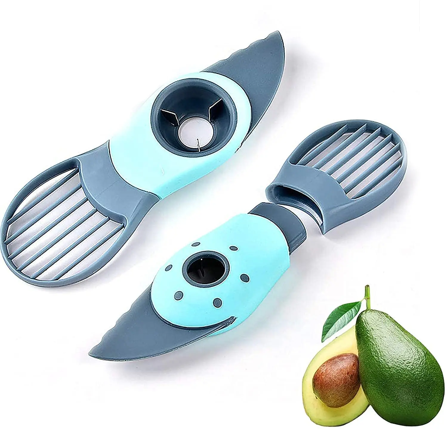 

New Arrivals 3 in 1 Multifunction Kitchen Gadgets peeler and pitter Avocado Cutter Tool Avocado Slicer with detachable handle, Blue