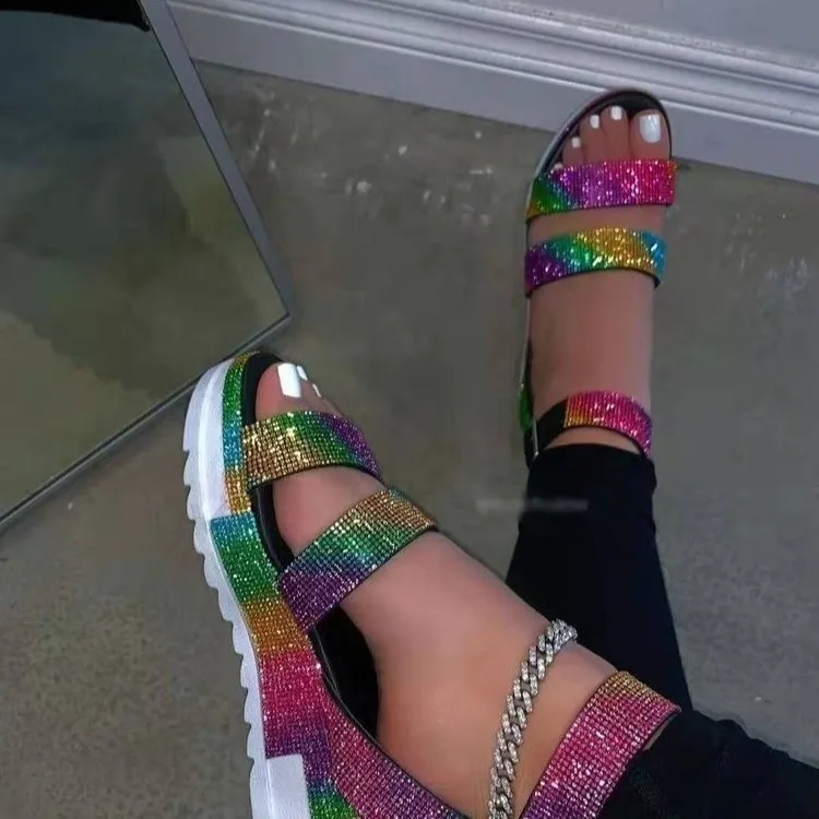 

PDEP latest summer lace up rainbow color rhinestone platform sandals shoes diamond bow women black platform sandals 2021