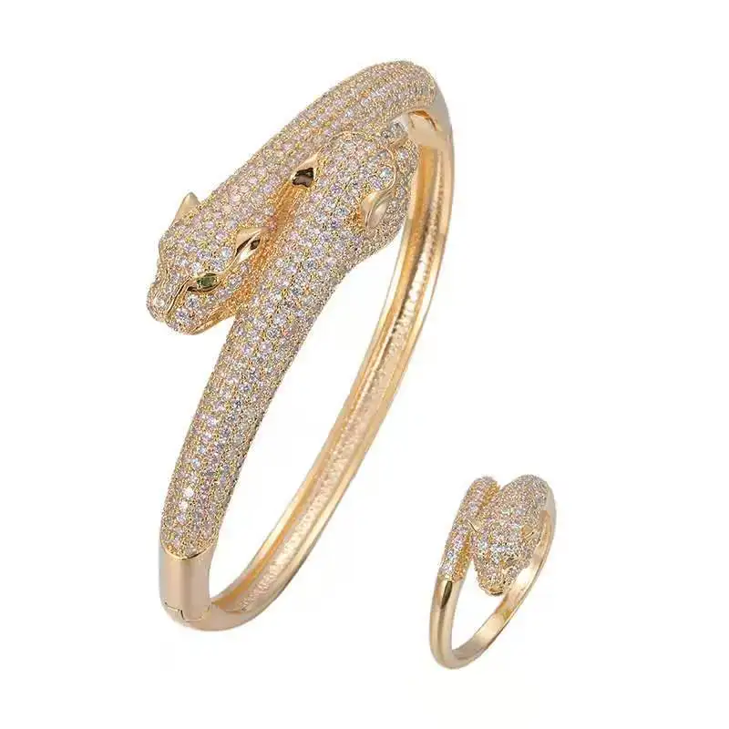 

Fashion luxury silver gold cuff double leopard head zircon bracelet ring set