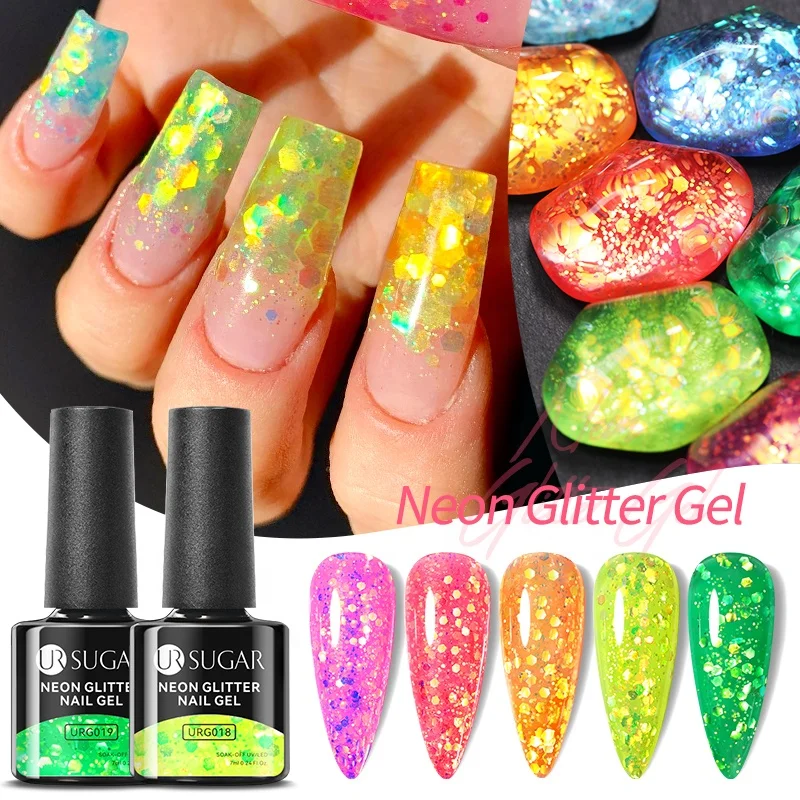 

UR SUGAR 7ml Neon Gel Polish Summer 2023 Hot Sale Glitter Sequins Neon Color Gel Nail Polish OEM ODM