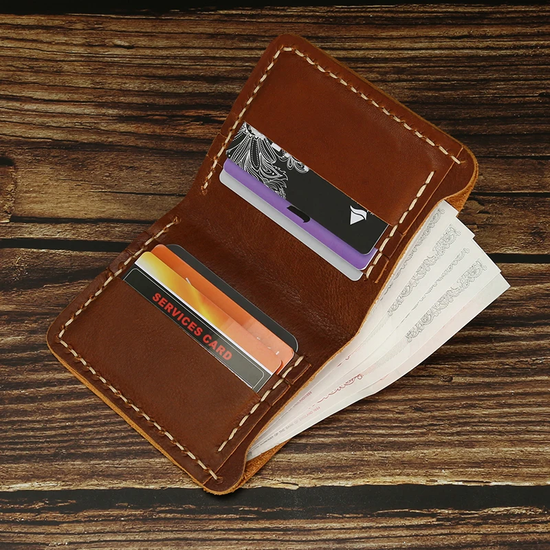 

Bifold Slim Luxury Vintage Cowhide Money Clip Handmade Real Crazy Horse Full Grain Cow Leather Genuine Leather Wallet For Men