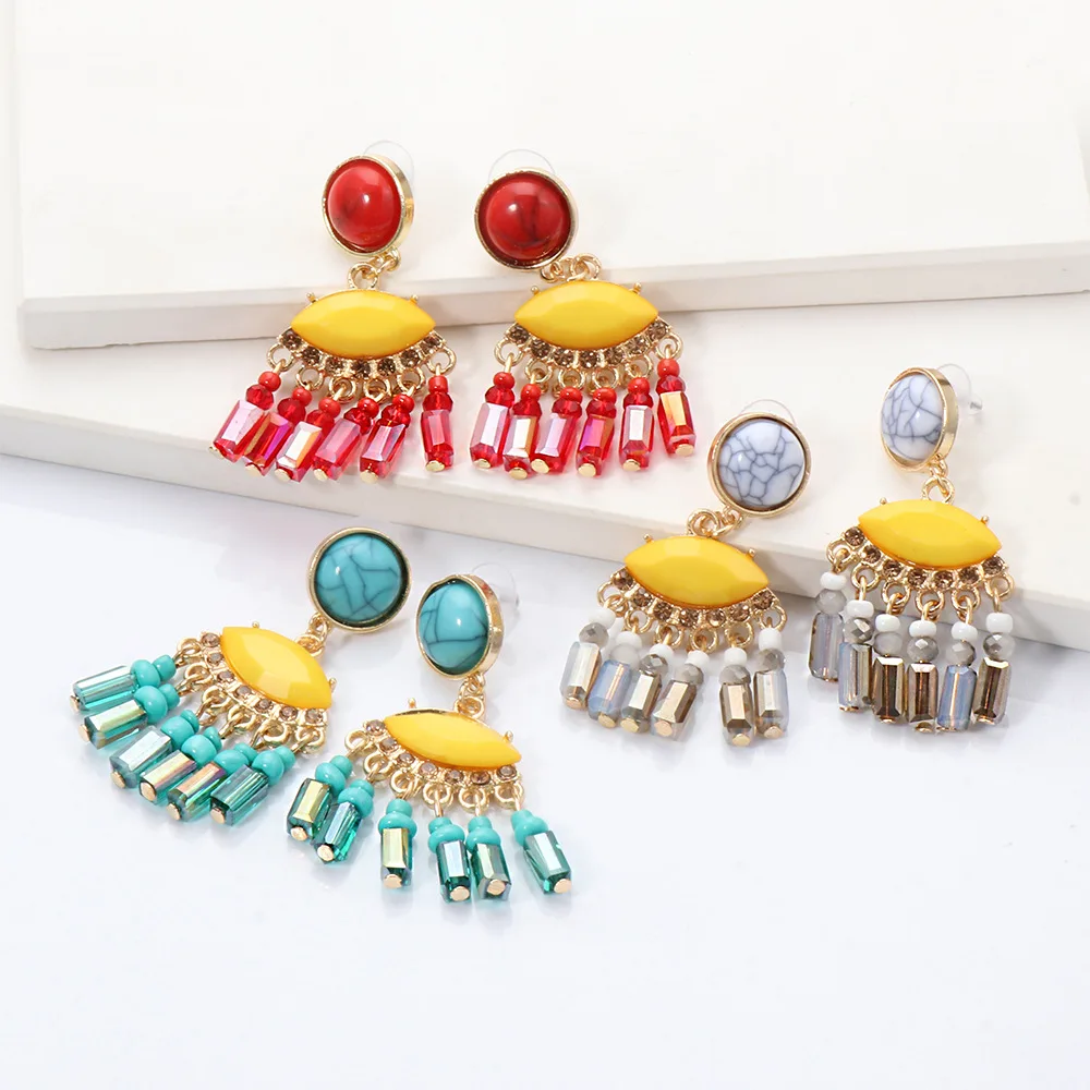 

New Arrivals Women Bohemia Style Turquoise Jewelry Accessories Exaggerated Ethnic Glass Rhinestone Tassels Drop Earrings, Picture shows