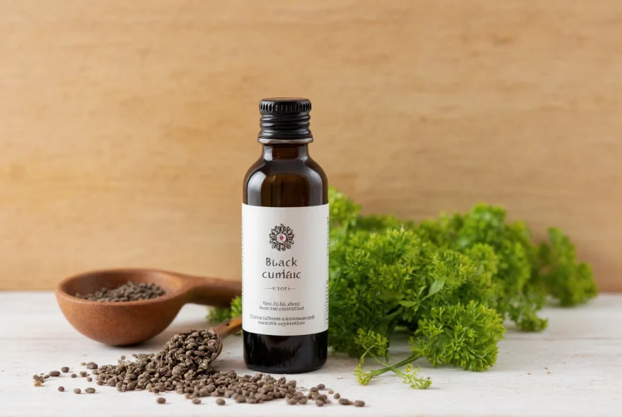 Black cumin oil bottle next to measuring spoon and fresh ingredients for daily wellness routine