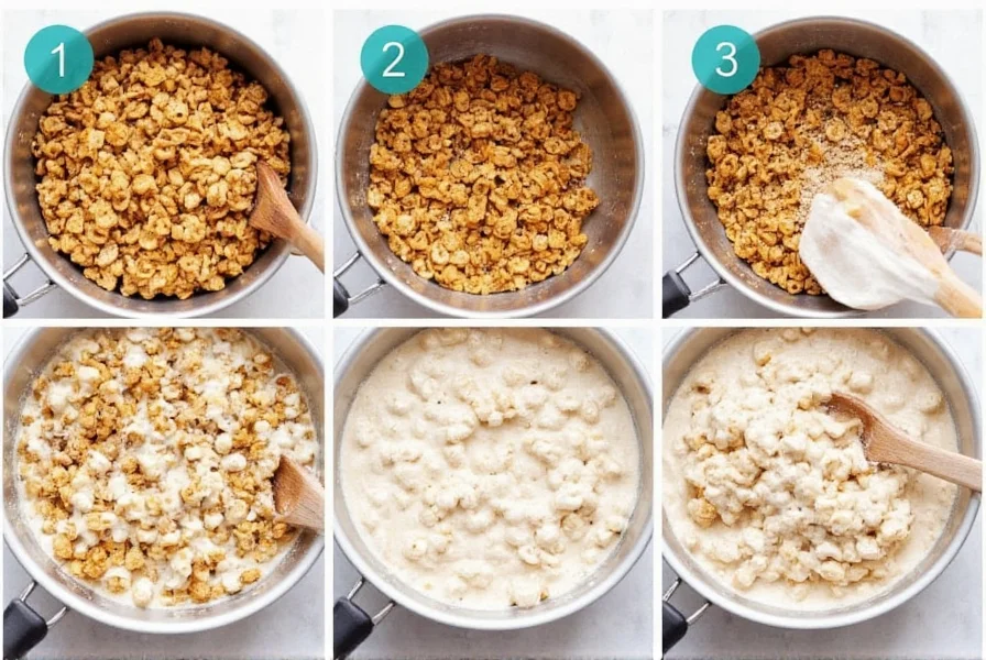 Step-by-step preparation of cinnamon toast crunch marshmallow treats showing cereal mixing with melted marshmallows in saucepan