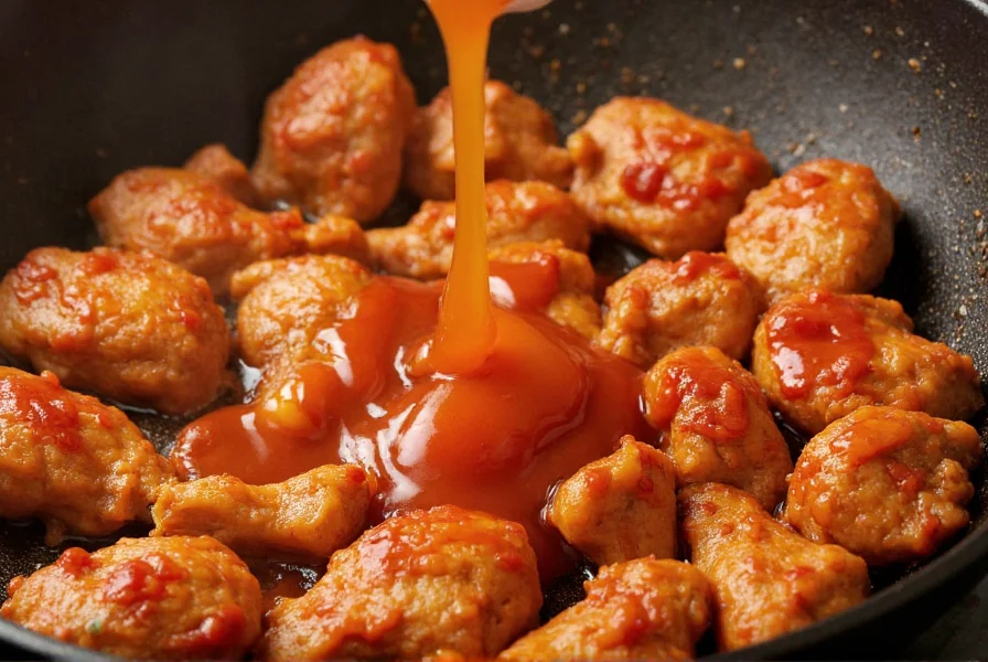 Close-up of chili chicken cooking process showing sauce being poured over crispy chicken pieces in wok