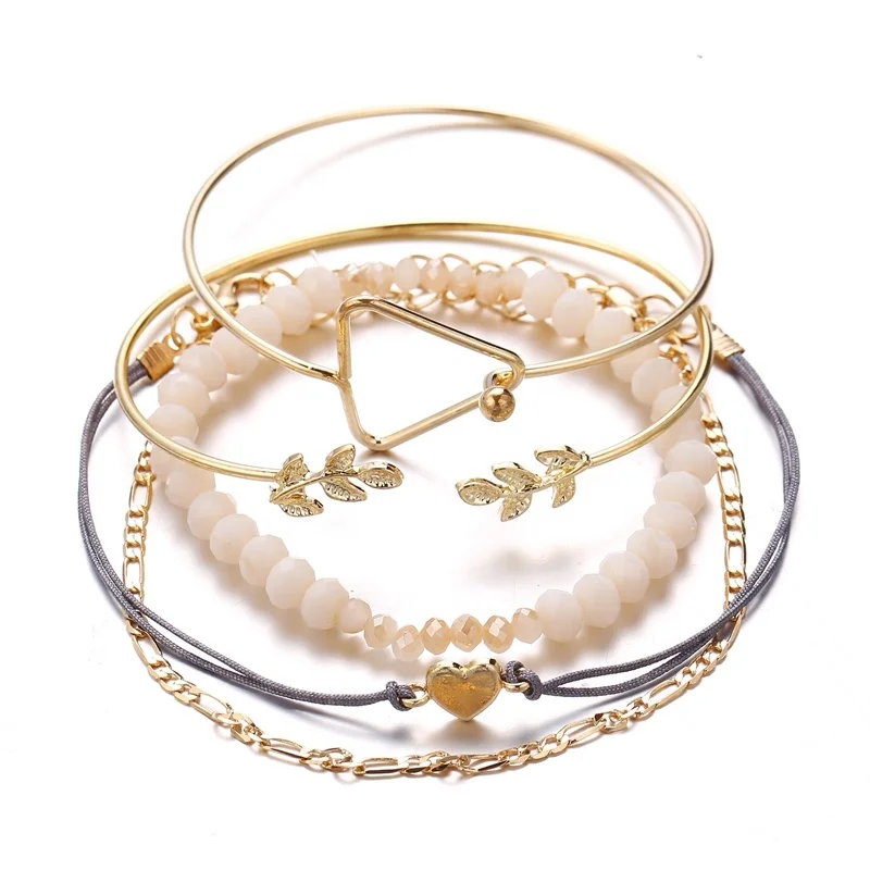 

PUSHI Geometric heart leaves rice bead bracelet 5 piece bracelet rose gold bracelet