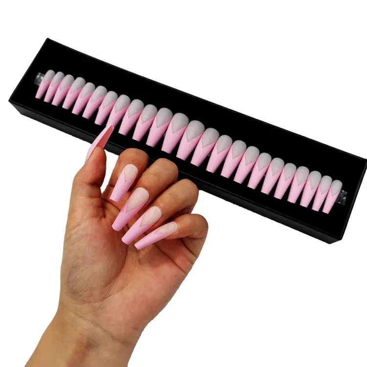 

24pcs French Glamorous Design Glossy Gradient white and Pink Acrylic Ballerina Coffin False Nails Full Cover Fake Nails Tips, Natural