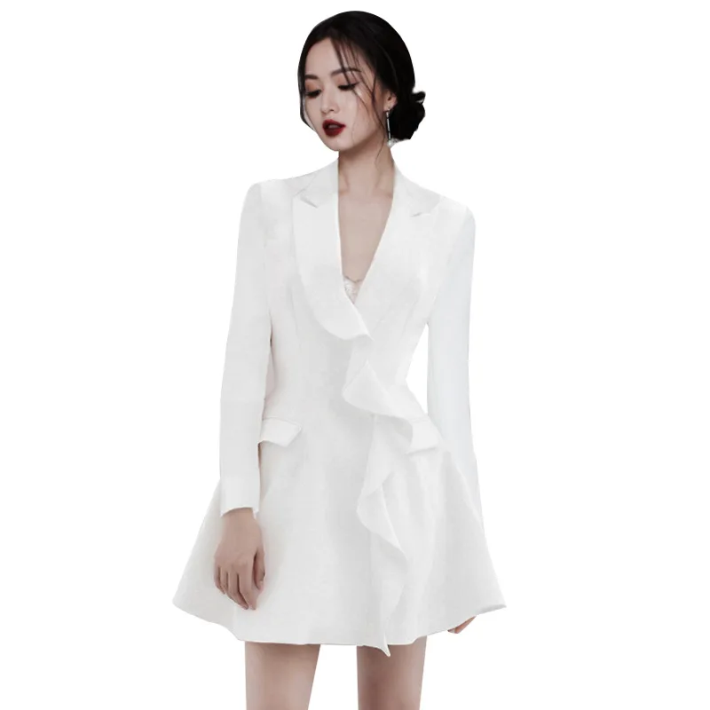 

2021 autumn winter new women's suit wear V-neck Ruffle long sleeve slim white dress fashion women's coat