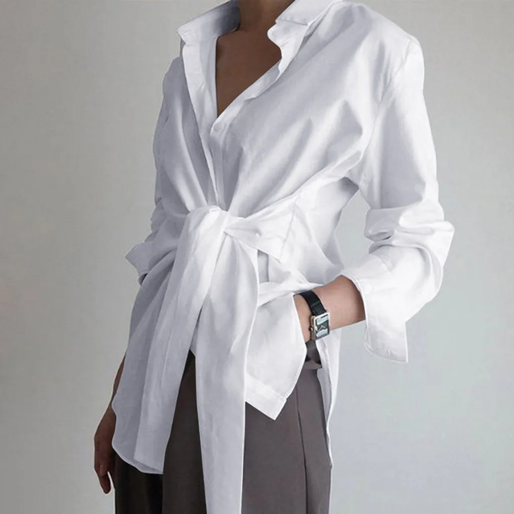 

Fashion Women Blouse Casual Lace Up Shirts Elegant OL Asymmetric Tops Blouse 2021, Black,white,light blue