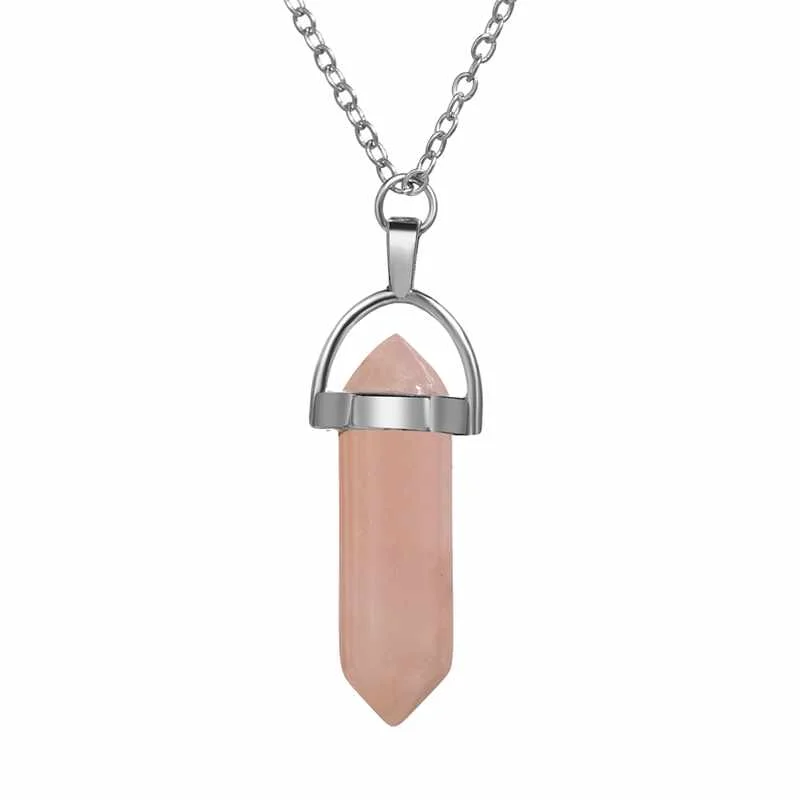 

Hot Selling Amazon Pink Natural Stone Crystal Bullet Shape Pendant Rhodium Plated Necklace for Women Jewelry, Rh