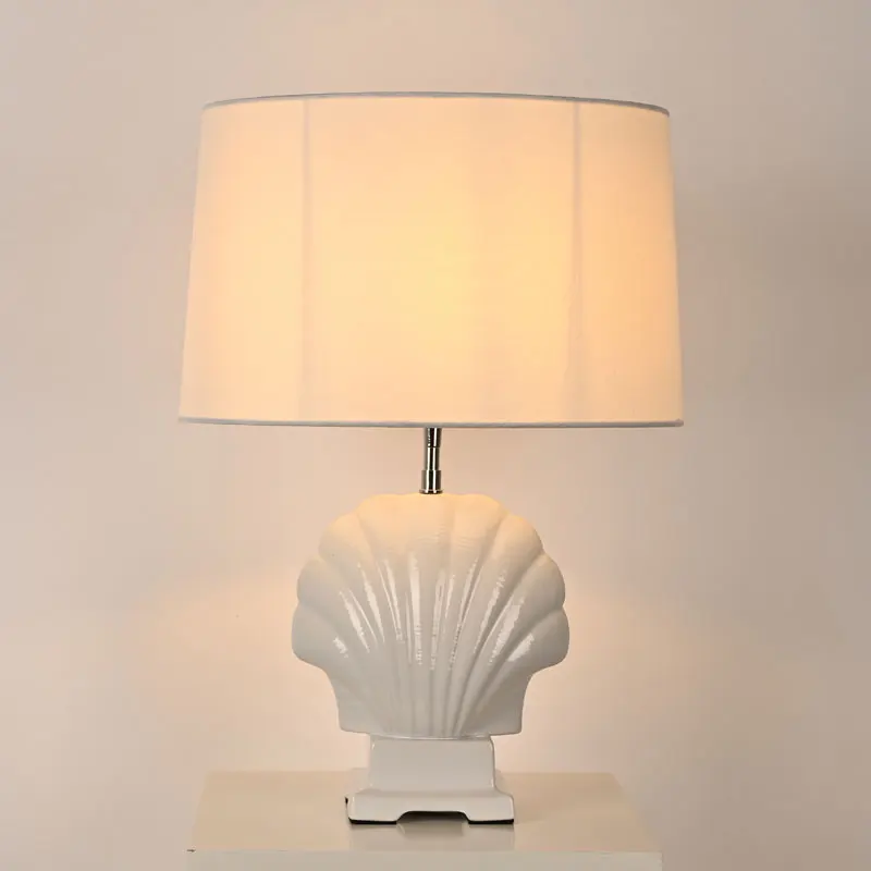 Living Room Family Bedroom Handmade Linen Drum Shade Modern Shell Ceramic Table Lamp